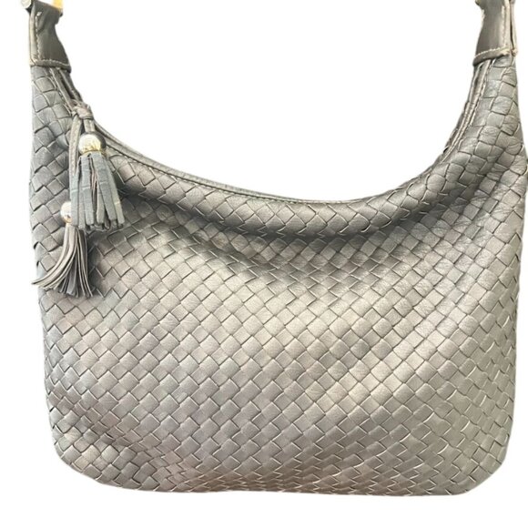 Ganson Metallic Pewter Gray Woven Leather Crossbody Bag With Tassels - Picture 1 of 6